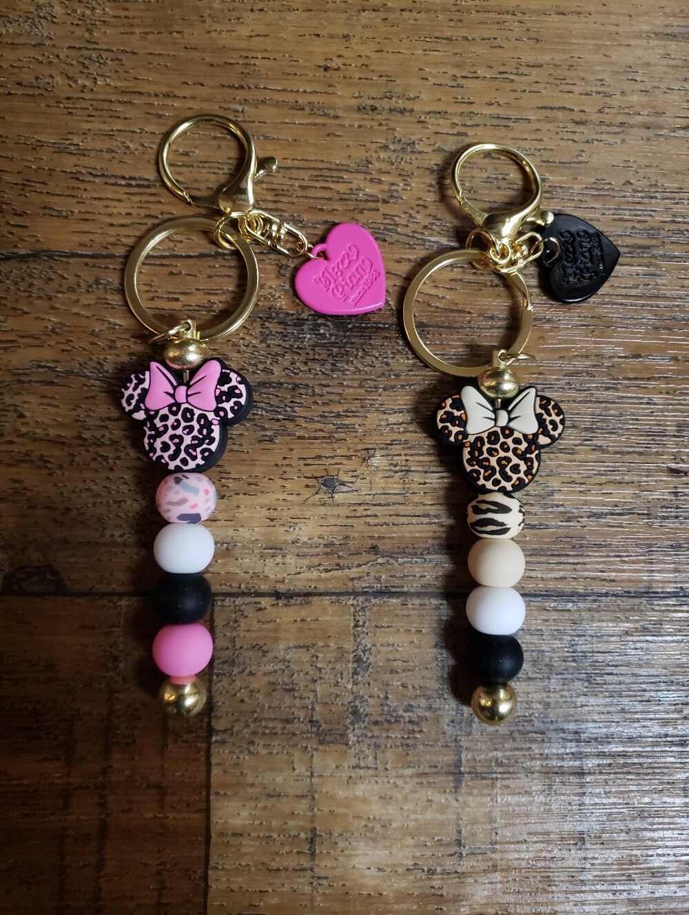 Handmade Pink & Leopard Minnie-Style Keychain with Beads & Heart Charms